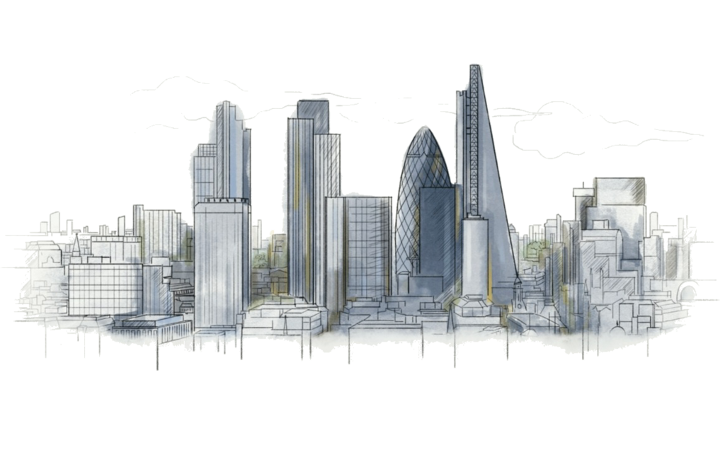 This watercolor cityscape depicts the London skyline in shades of gray and green. In the image, the Gherkin building is in the center.