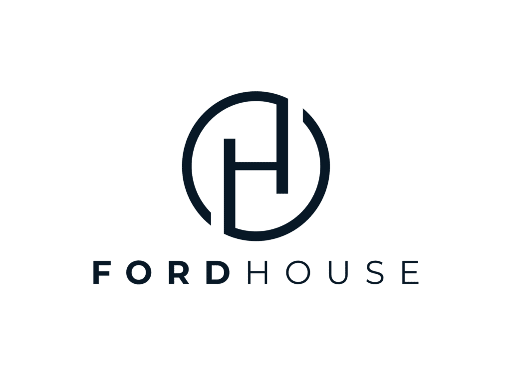 Fordhouse's logo. On a white background, Ford and House are typed in black and gray, respectively. Above is a circle with H in the center.