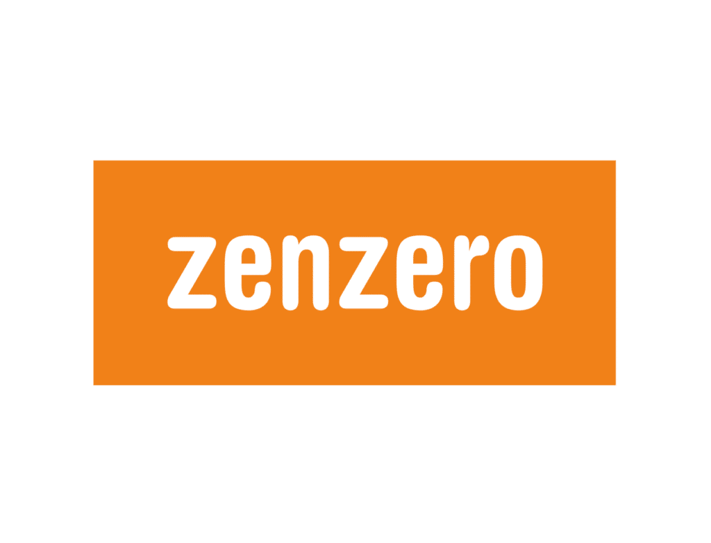 White lowercase text appears on an orange rectangle in the ZenZero logo.