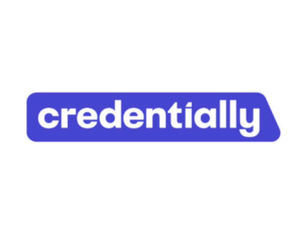 White lowercase text appears on a blue rectangle in the credentially logo.