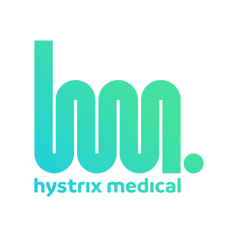 Hystrix medical logo is an ombre shade of blue and green.