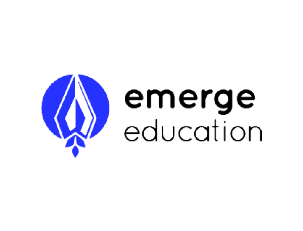 Emerge Education logo is in lowedcase black text. The word emerge is in bold, a blue geometric design to the right.