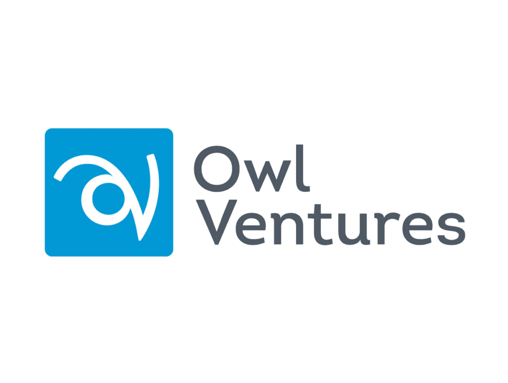 Owl Ventures Logo is grey text with owl above the word ventures. To the left, a blue square with a white O and V aligned to look like the eye and beak of an owl